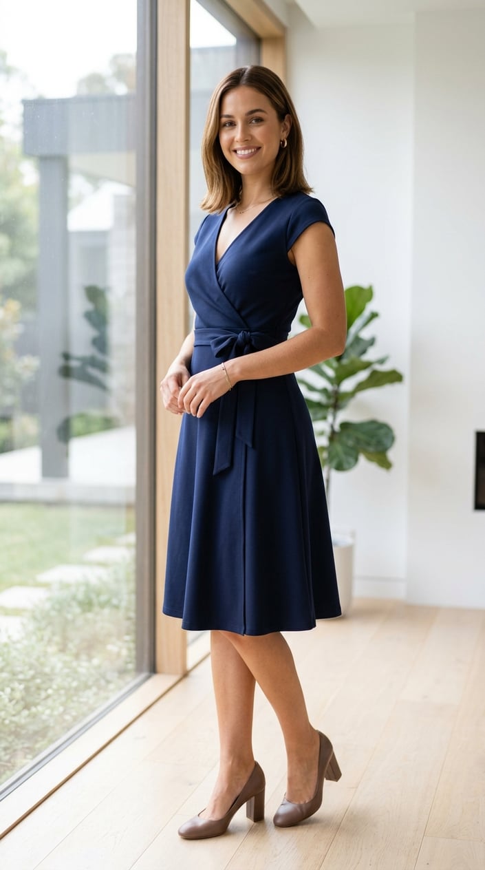A young woman standing indoors wearing a fitted wrap dress, smiling softly with natural light coming from a nearby window.