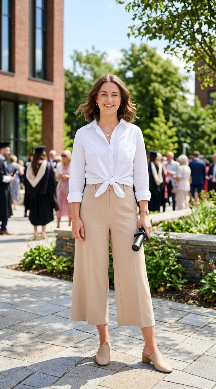 A young woman standing outdoors wearing a white button-down shirt tied at the waist and high-rise culottes.