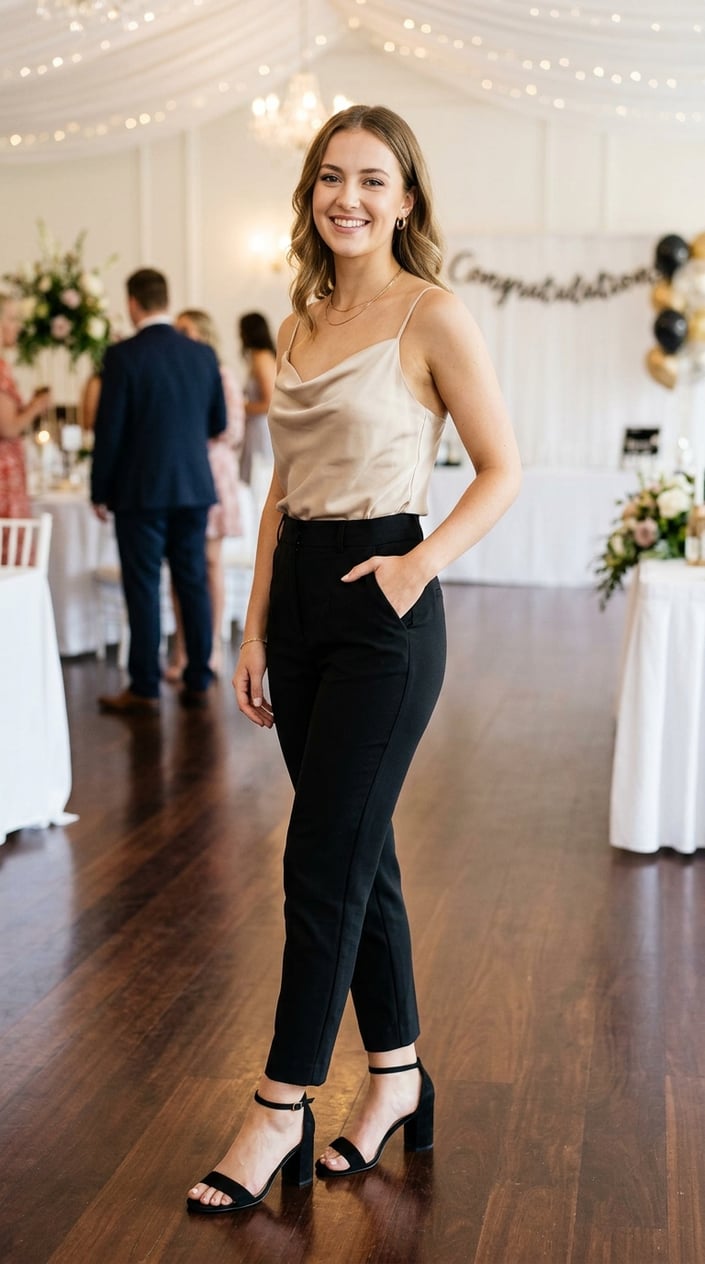 A young woman wearing a satin camisole and tapered trousers stands smiling in an indoor reception setting with soft lighting.