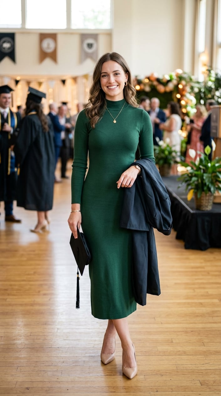 A young woman standing indoors wearing a fitted mock-neck knit dress, smiling softly.
