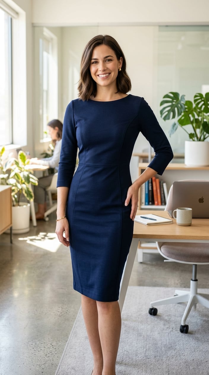 A young woman standing in an office wearing a fitted navy dress, smiling and looking confident.