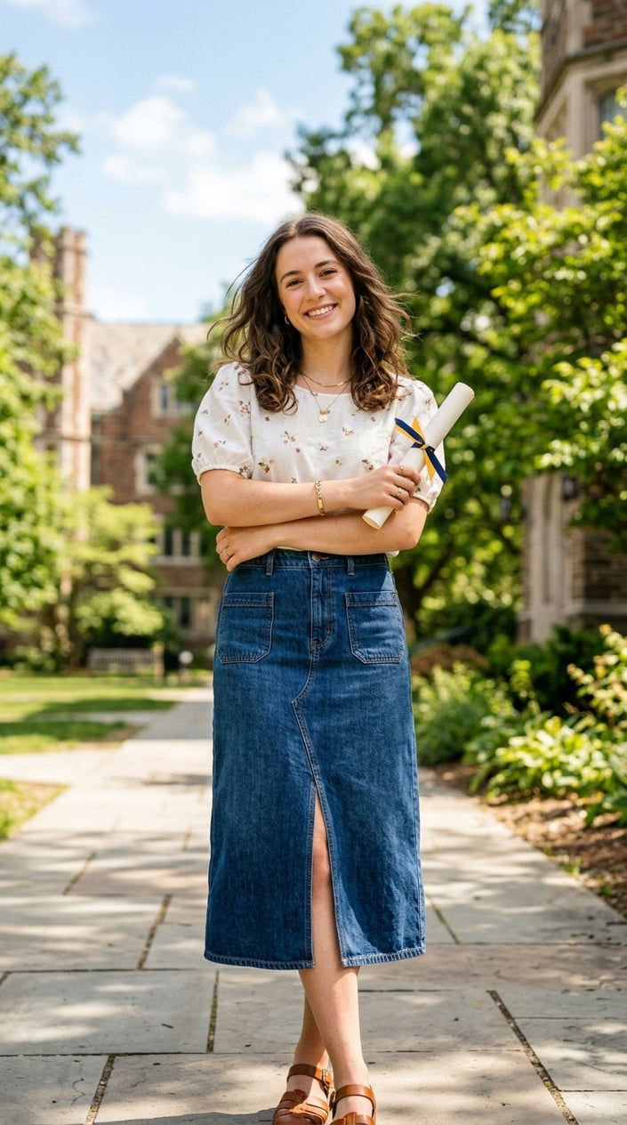 A young woman standing outdoors wearing a denim midi skirt and blouse, smiling with trees and sky in the background.