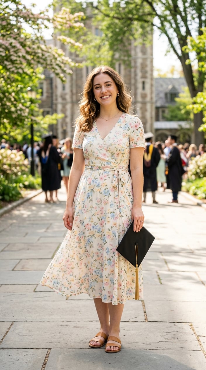 A young woman outdoors in a floral dress holding a graduation cap, smiling with greenery in the background.