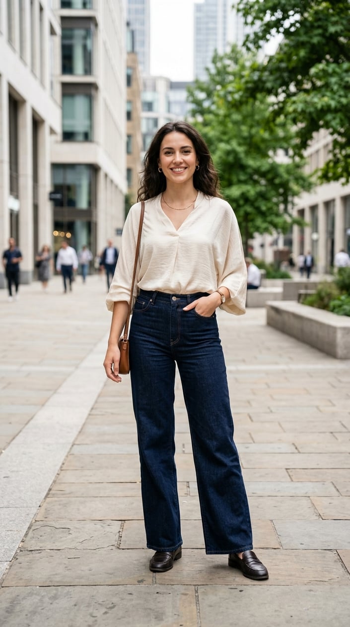 A young woman stands outdoors in a city setting wearing wide-leg jeans and a silk blouse.