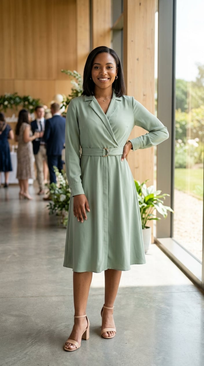 A young woman standing indoors wearing a knee-length wrap-front shirtdress with hidden buttons.