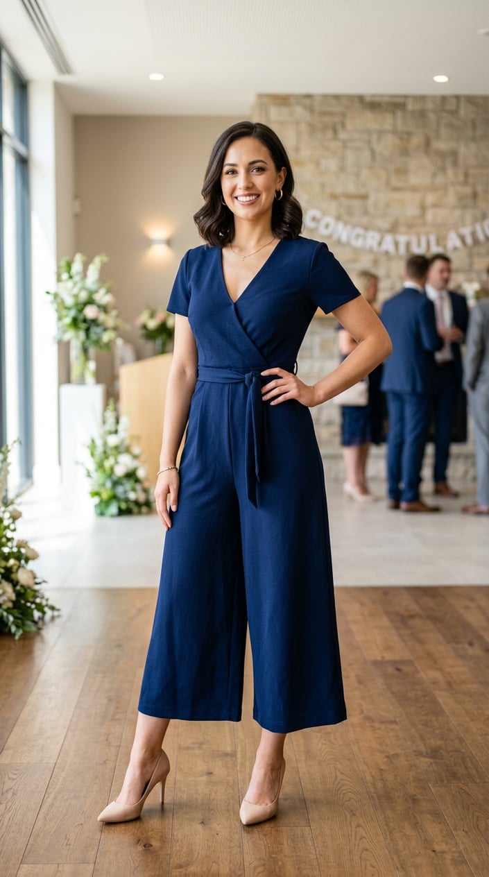 A young woman stands indoors wearing a stylish jumpsuit, posing confidently in a softly lit modern room.