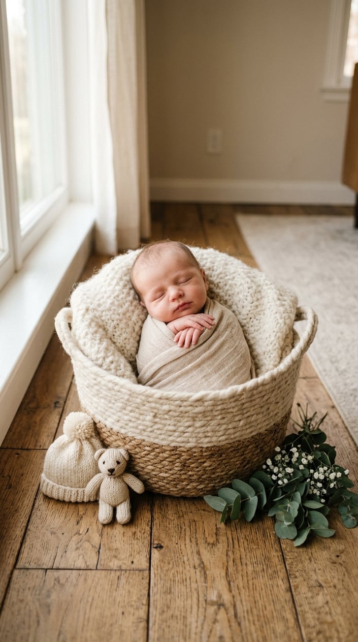 Sleeping newborn wrapped in a soft swaddle, lying in a basket with a teddy bear and eucalyptus leaves on a wooden floor near a window.