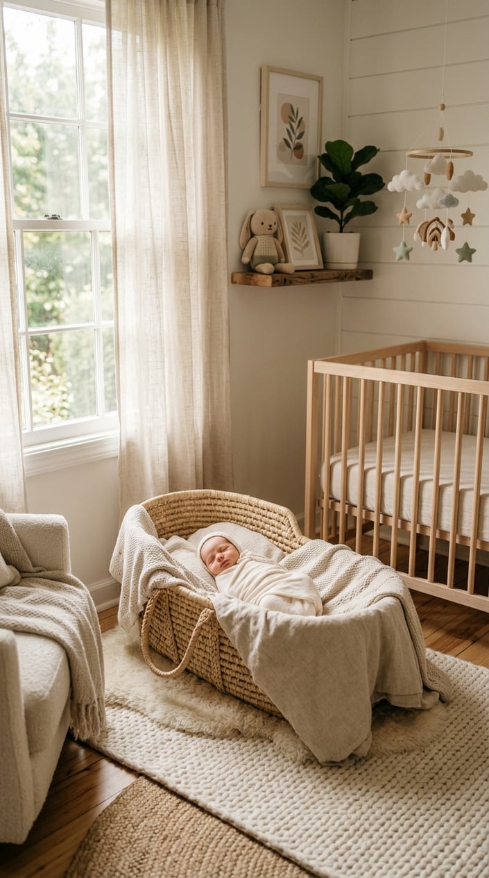 A softly lit nursery corner by a sunny window with a newborn photo setup featuring a baby blanket and gentle decor.