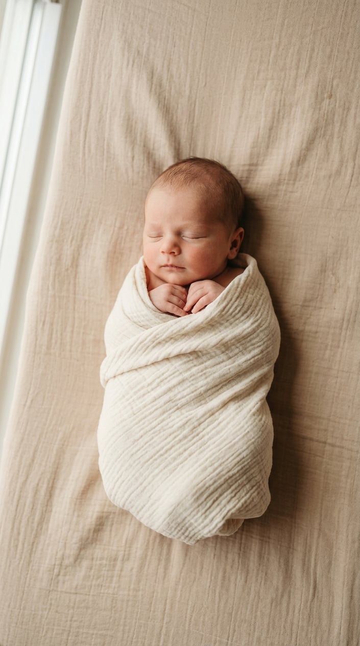 Newborn baby swaddled in a cream blanket lying on a neutral beige fabric background.