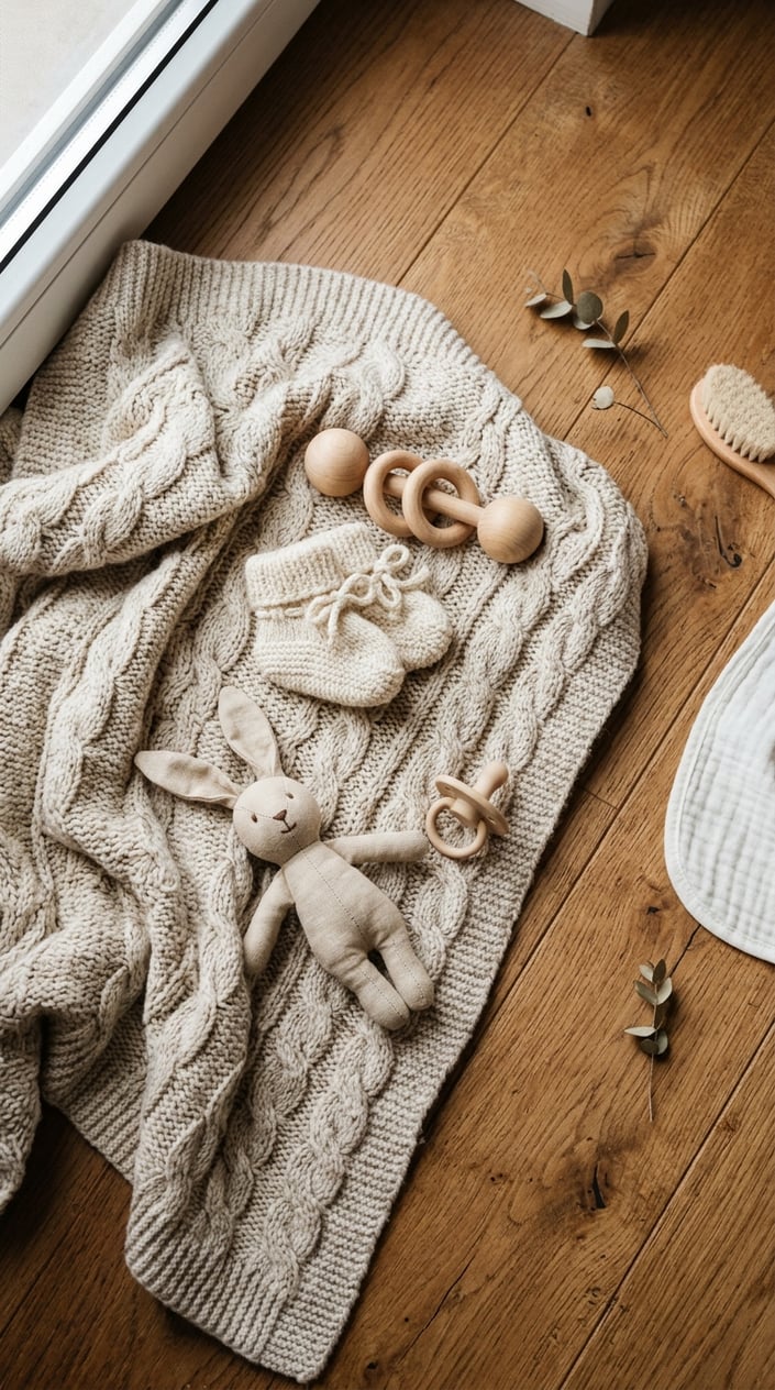 Flatlay of a wooden floor with a knit blanket and small baby props arranged around it.