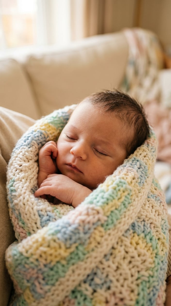 Close-up of a newborn baby peacefully sleeping wrapped in a soft knitted blanket.