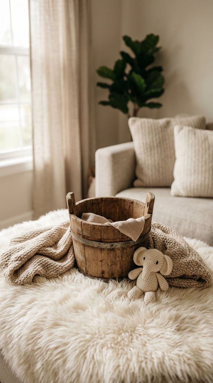 A wooden bucket on a soft white faux fur rug, set up for a newborn photography session.