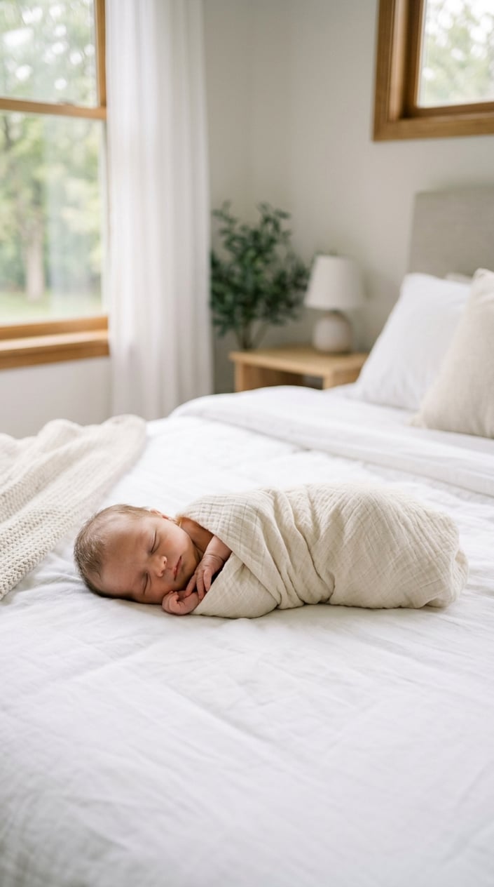 Newborn baby swaddled and lying on their side on a bed with white sheets.