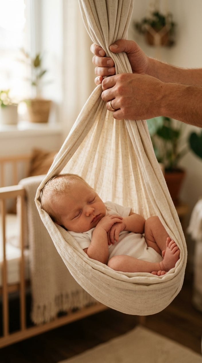 Newborn baby resting peacefully in a fabric sling hammock held securely by parental hands.