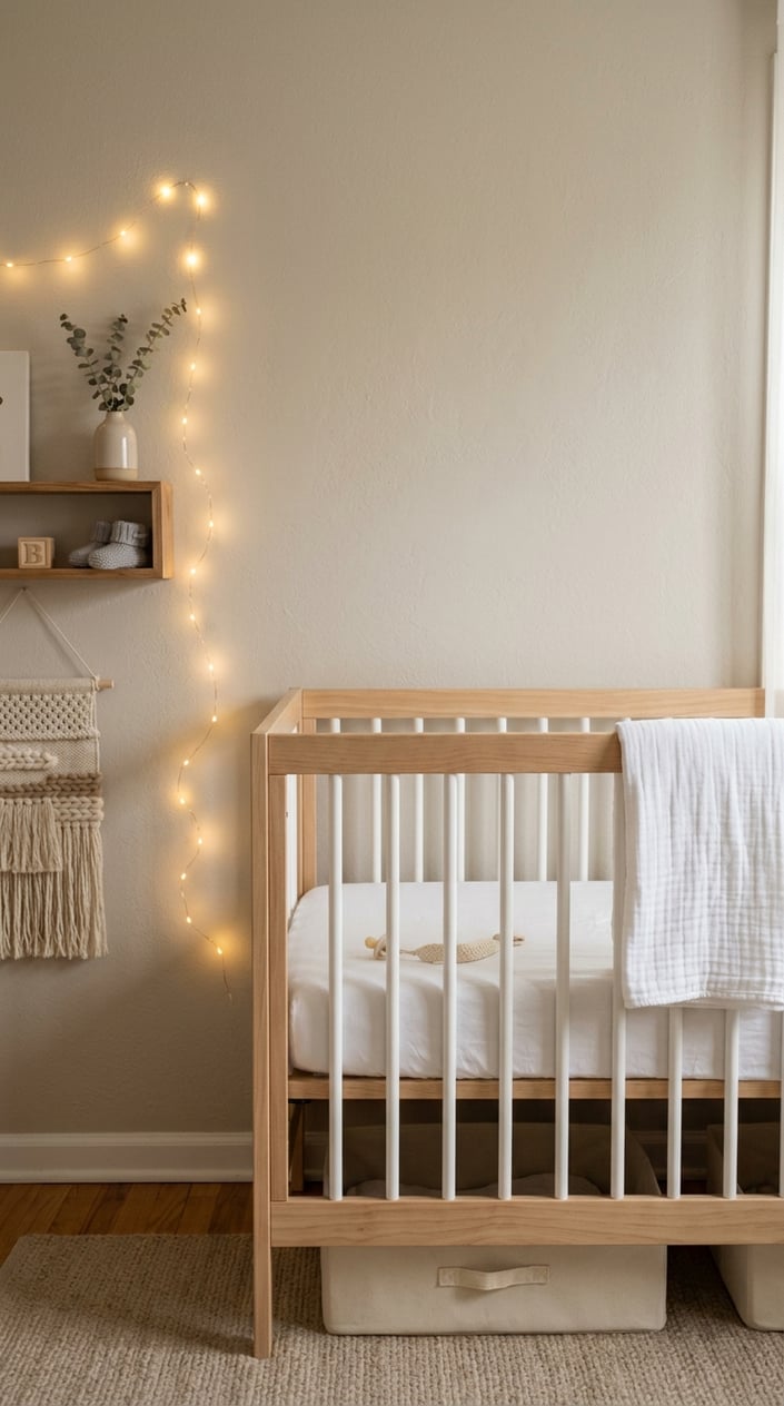 A minimalist newborn crib corner with white bedding and warm string lights hanging to the side in a softly lit nursery.