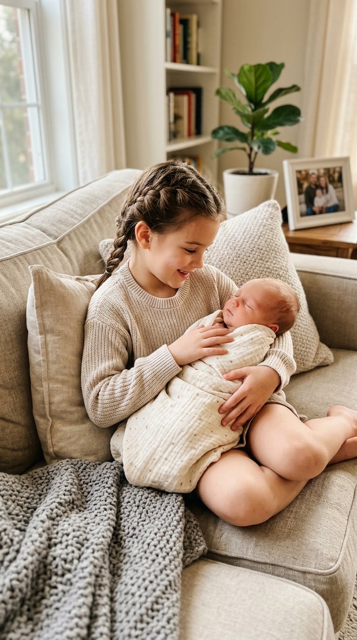Two siblings sitting on a couch, with the older sibling gently holding a newborn baby.