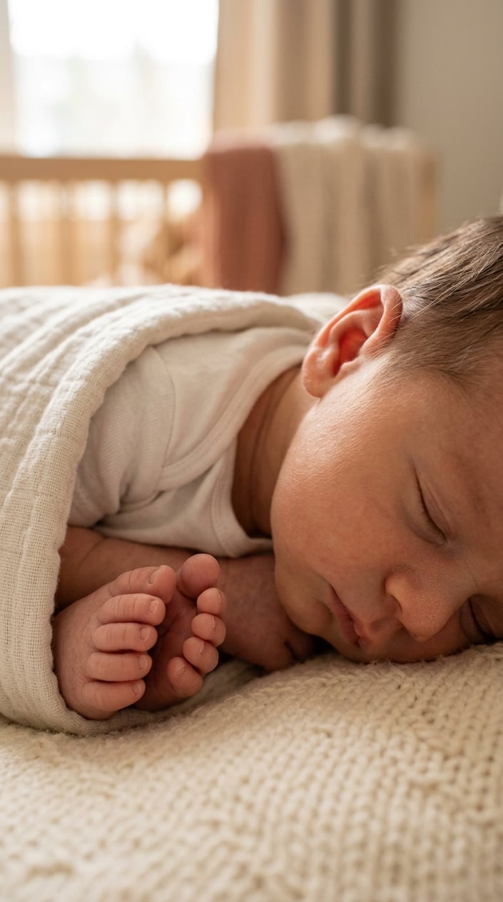 Close-up image showing a newborn baby's toes, ears, and button nose.