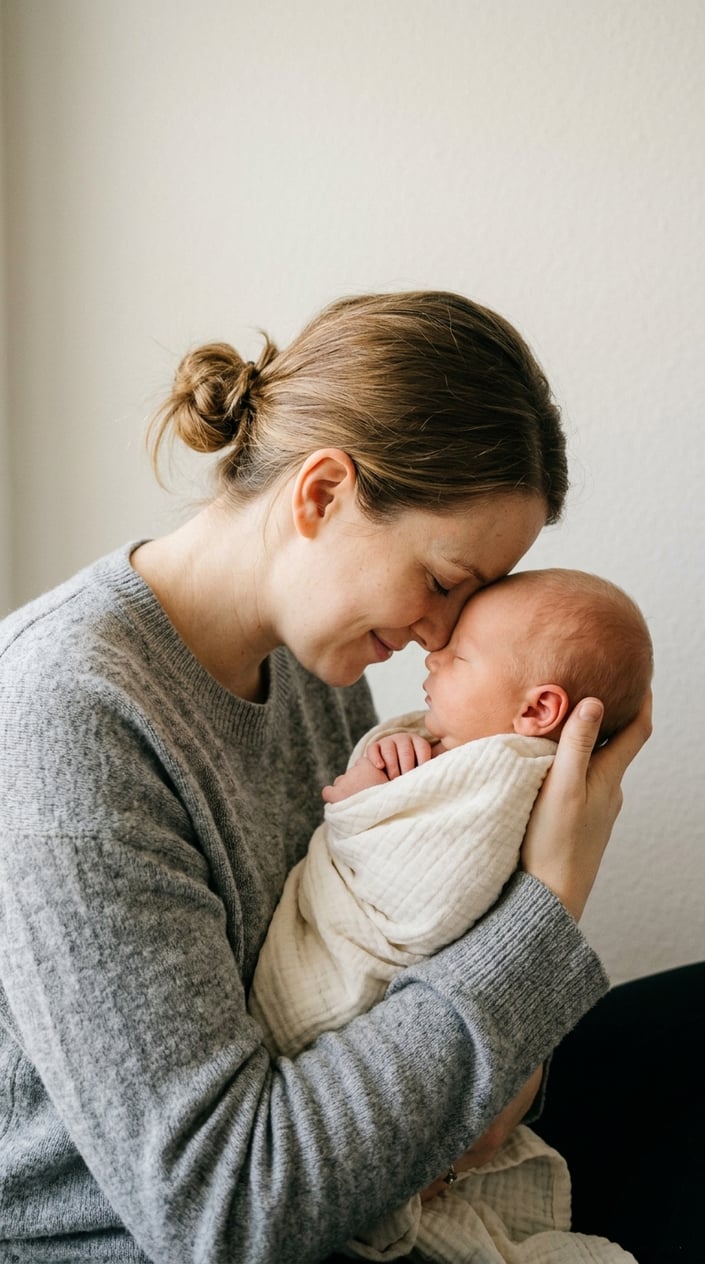 A parent gently touching foreheads with their newborn baby against a plain wall.
