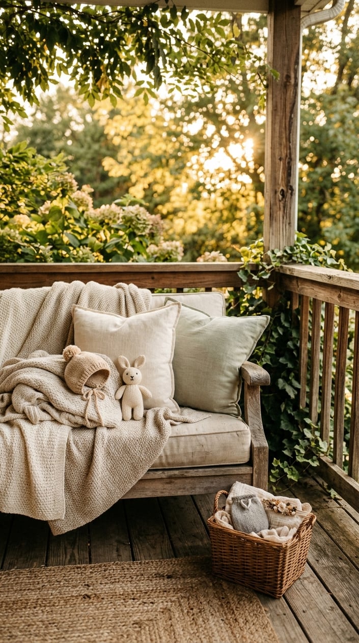 An outdoor porch at golden hour with a cozy newborn photo setup including blankets, pillows, and baby props, surrounded by soft sunlight and greenery.
