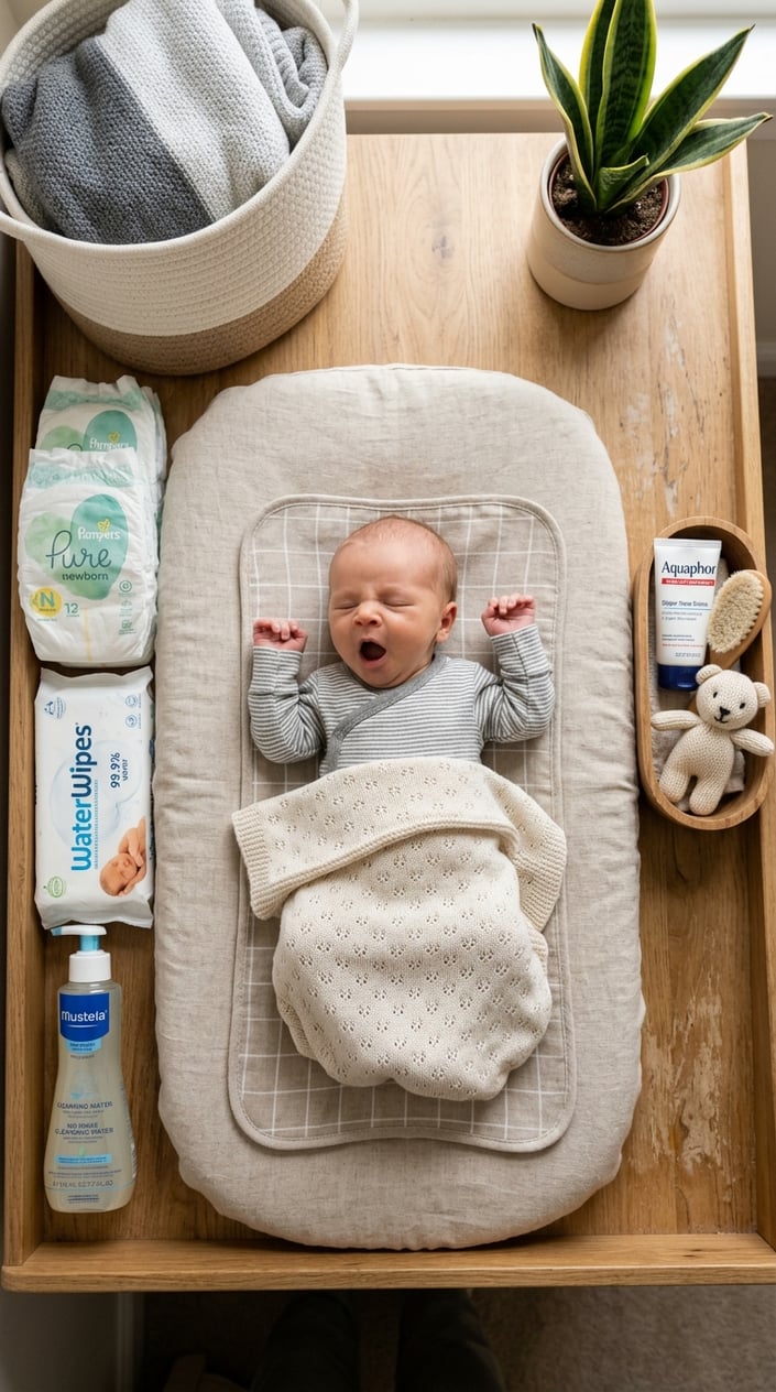 Overhead view of a baby yawning on a changing table surrounded by neatly arranged baby care items.