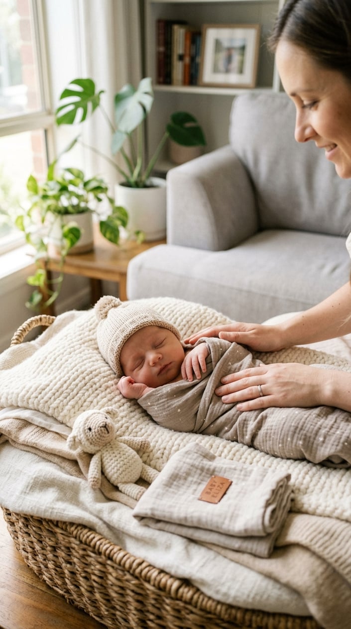 A newborn baby peacefully sleeping on a soft blanket with gentle natural light and a parent softly comforting the baby in a cozy home setting.