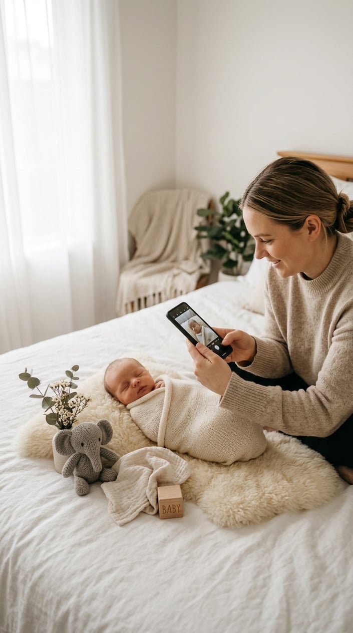 A person taking a photo of a newborn baby wrapped in a blanket at home using a smartphone.