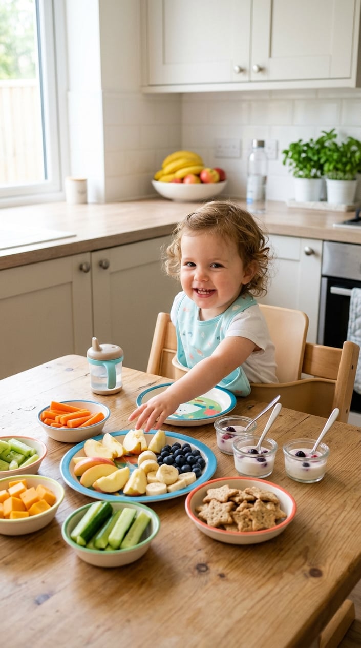 22 Toddler Snacks That Don't End Up on the Floor by Round Two 2 A toddler sitting in a high chair reaching for a variety of healthy snacks arranged on a wooden table in a kitchen.