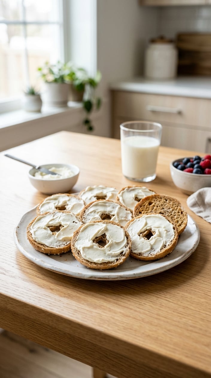 22 Toddler Snacks That Don't End Up on the Floor by Round Two 3 Mini whole-wheat bagel halves spread with cream cheese on a white plate on a wooden table.