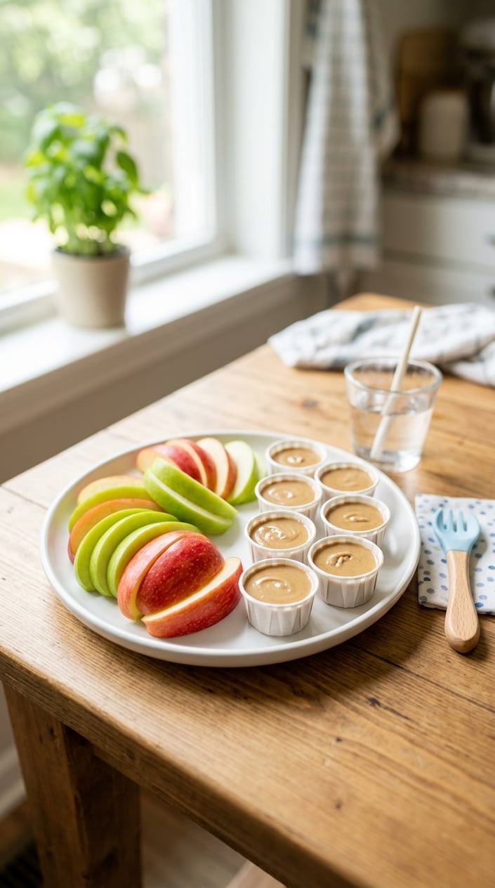 22 Toddler Snacks That Don't End Up on the Floor by Round Two 4 Plate of fresh apple slices and small sunflower seed butter cups on a kitchen table.