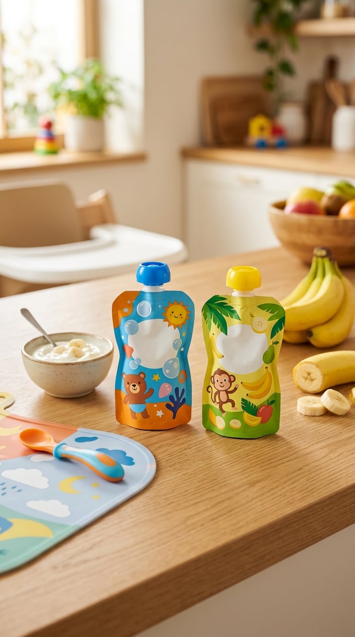 22 Toddler Snacks That Don't End Up on the Floor by Round Two 5 Two Greek yogurt squeeze pouches for toddlers on a wooden surface with fresh bananas, a bowl of yogurt, and toddler utensils.