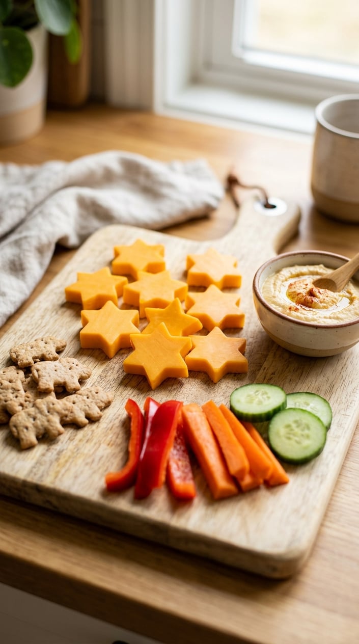 22 Toddler Snacks That Don't End Up on the Floor by Round Two 6 Close-up of cheddar cheese sticks cut into star shapes arranged on a wooden board with small crackers and sliced vegetables nearby.