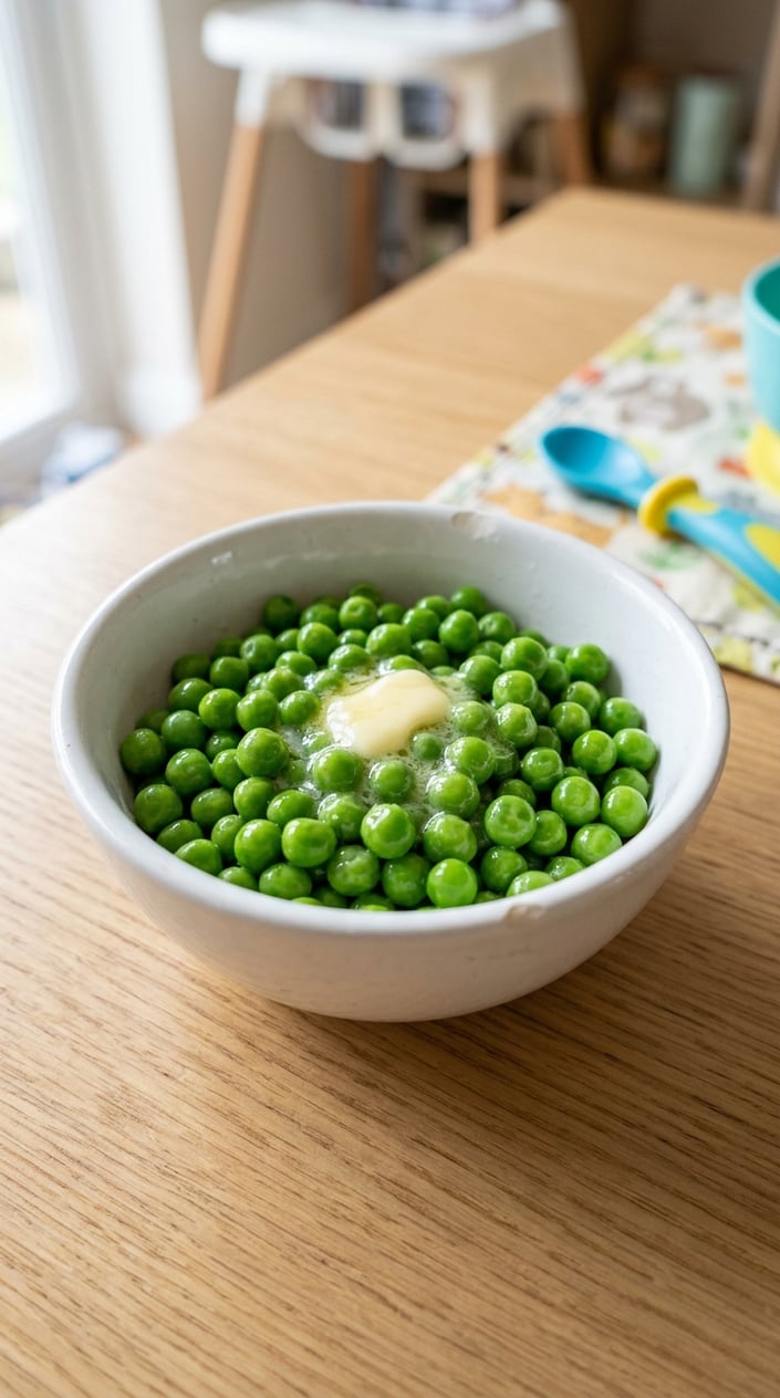 22 Toddler Snacks That Don't End Up on the Floor by Round Two 7 A bowl of bright green peas warmed and coated with melted butter on a wooden surface.