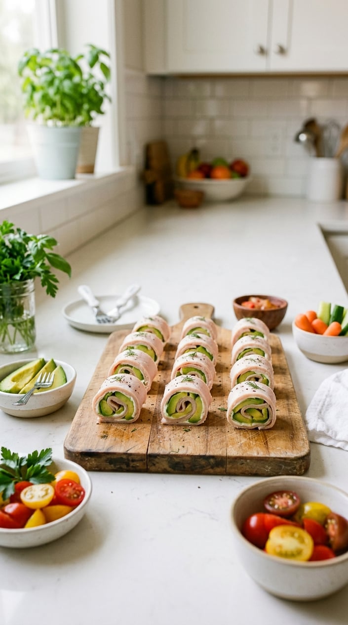 22 Toddler Snacks That Don't End Up on the Floor by Round Two 8 Mini turkey and avocado roll-ups arranged on a wooden cutting board with fresh ingredients nearby.
