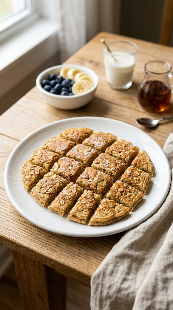 22 Toddler Snacks That Don't End Up on the Floor by Round Two 9 Plate of banana oat pancakes cut into finger-sized pieces on a wooden table with a bowl of fruit and a glass of milk in the background.