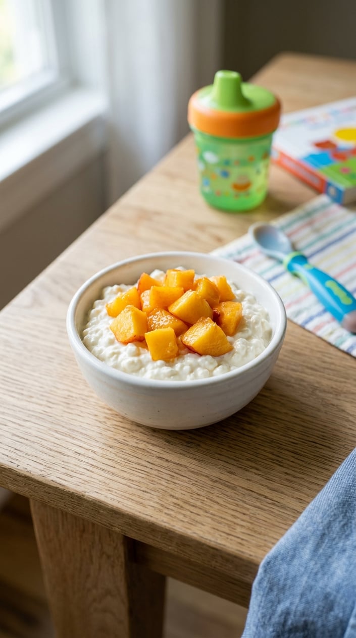 22 Toddler Snacks That Don't End Up on the Floor by Round Two 10 A bowl of cottage cheese topped with diced peaches on a wooden surface with toddler snack items in the background.