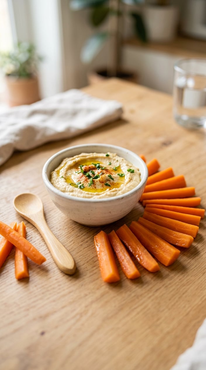22 Toddler Snacks That Don't End Up on the Floor by Round Two 11 A bowl of hummus surrounded by soft-cooked carrot sticks arranged on a wooden surface.