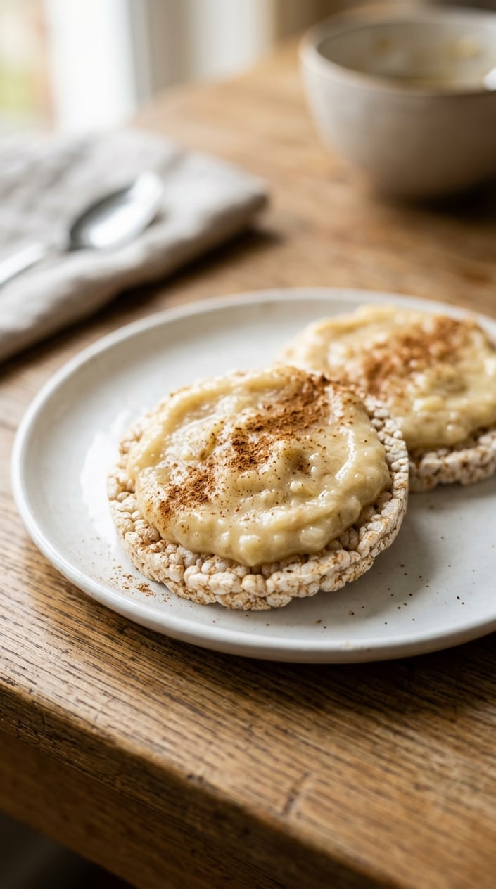 22 Toddler Snacks That Don't End Up on the Floor by Round Two 12 Close-up of rice cakes topped with mashed banana and cinnamon on a white plate.