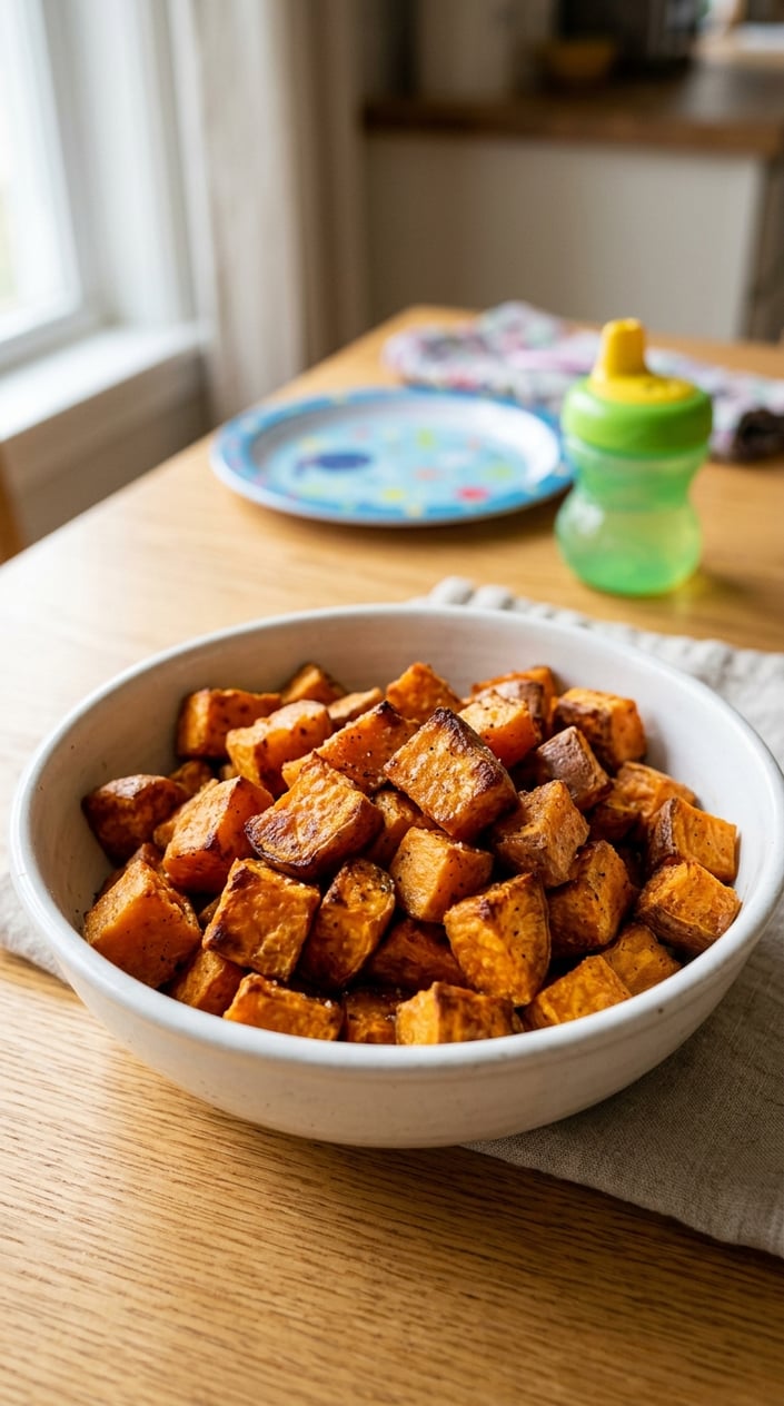 22 Toddler Snacks That Don't End Up on the Floor by Round Two 13 A bowl of baked sweet potato cubes on a wooden table with a blurred child’s plate and sippy cup in the background.