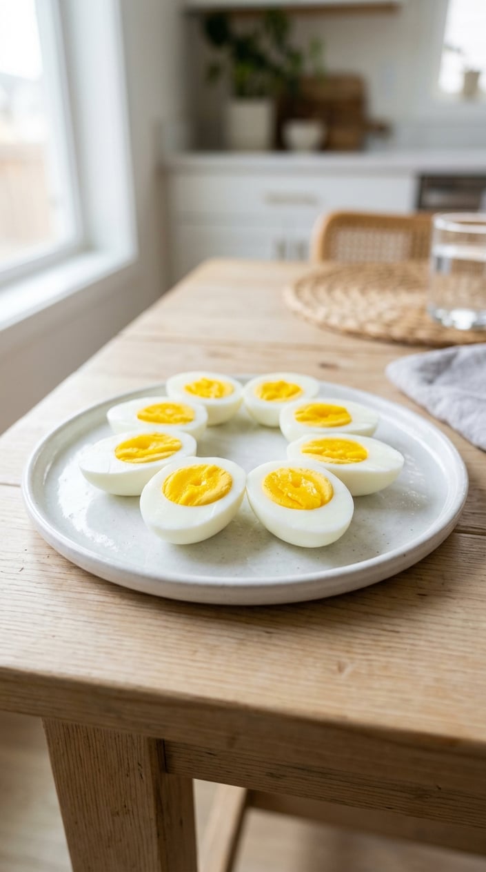 22 Toddler Snacks That Don't End Up on the Floor by Round Two 14 Close-up of hard-boiled egg halves arranged on a white plate on a table.