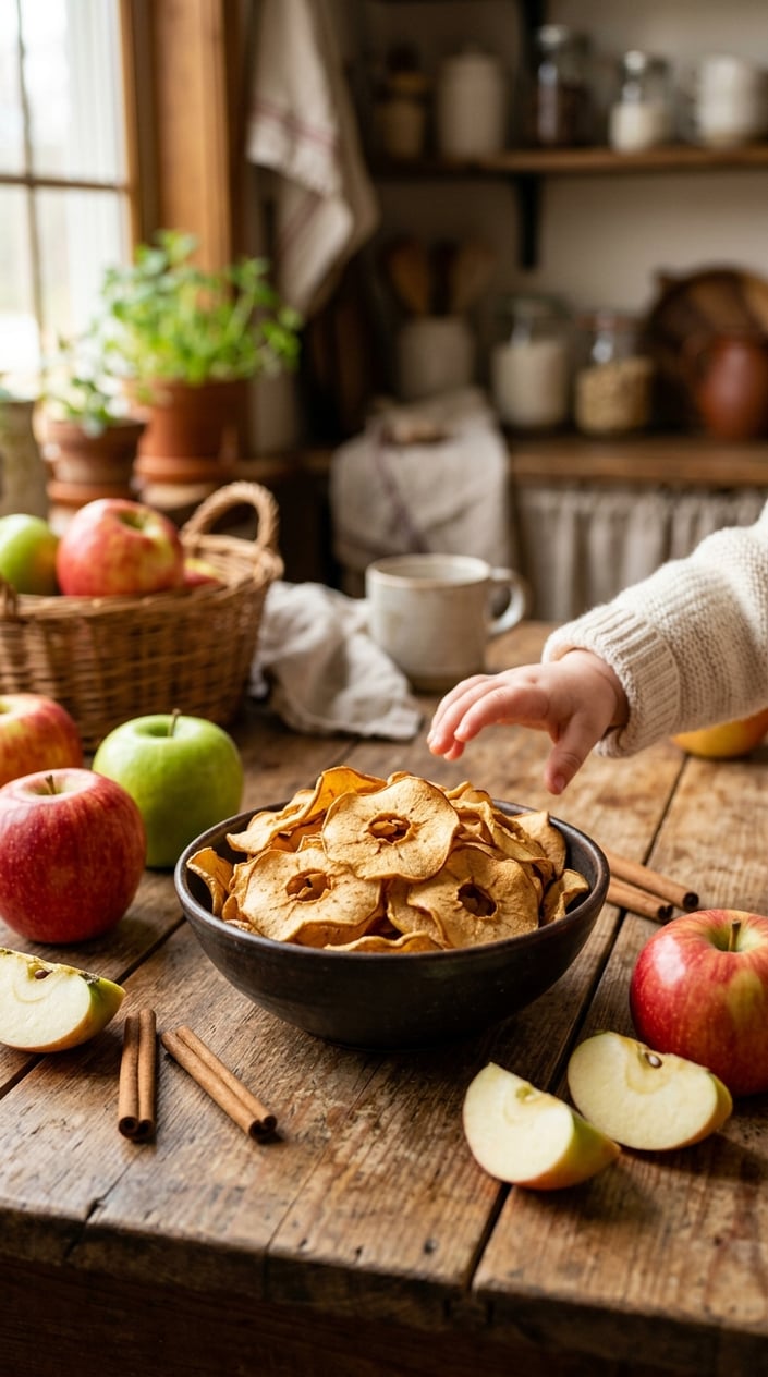 22 Toddler Snacks That Don't End Up on the Floor by Round Two 15 A bowl of oven-baked apple chips on a wooden table with fresh apples and cinnamon sticks nearby, and a toddler's hand reaching toward the bowl.