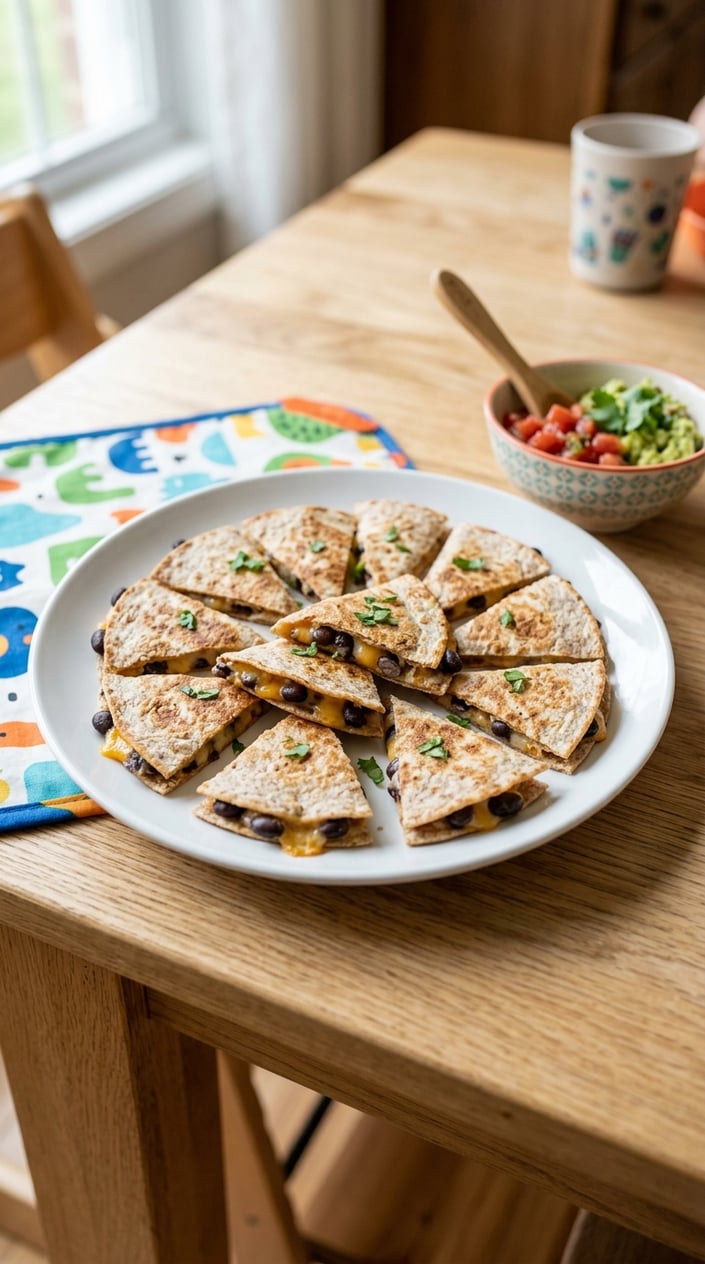 22 Toddler Snacks That Don't End Up on the Floor by Round Two 16 A plate of small whole-grain quesadillas filled with black beans and melted cheese on a wooden table.
