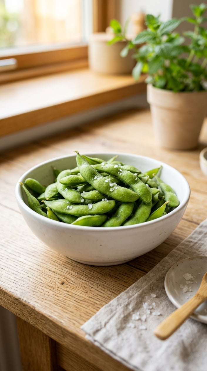 22 Toddler Snacks That Don't End Up on the Floor by Round Two 17 Close-up of a white bowl filled with fresh edamame pods sprinkled with salt on a light wooden surface.