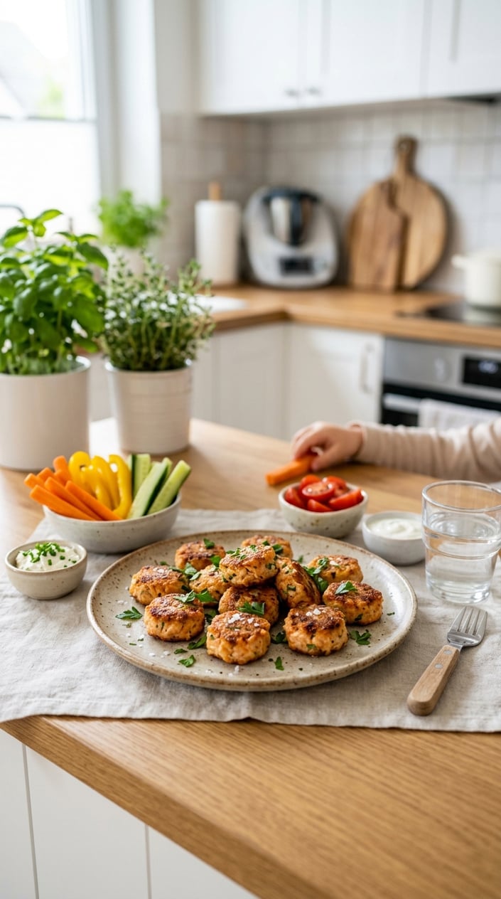 22 Toddler Snacks That Don't End Up on the Floor by Round Two 18 A plate of mini-sized salmon patties with fresh herbs on a kitchen table, surrounded by toddler-friendly snacks and a glass of water.