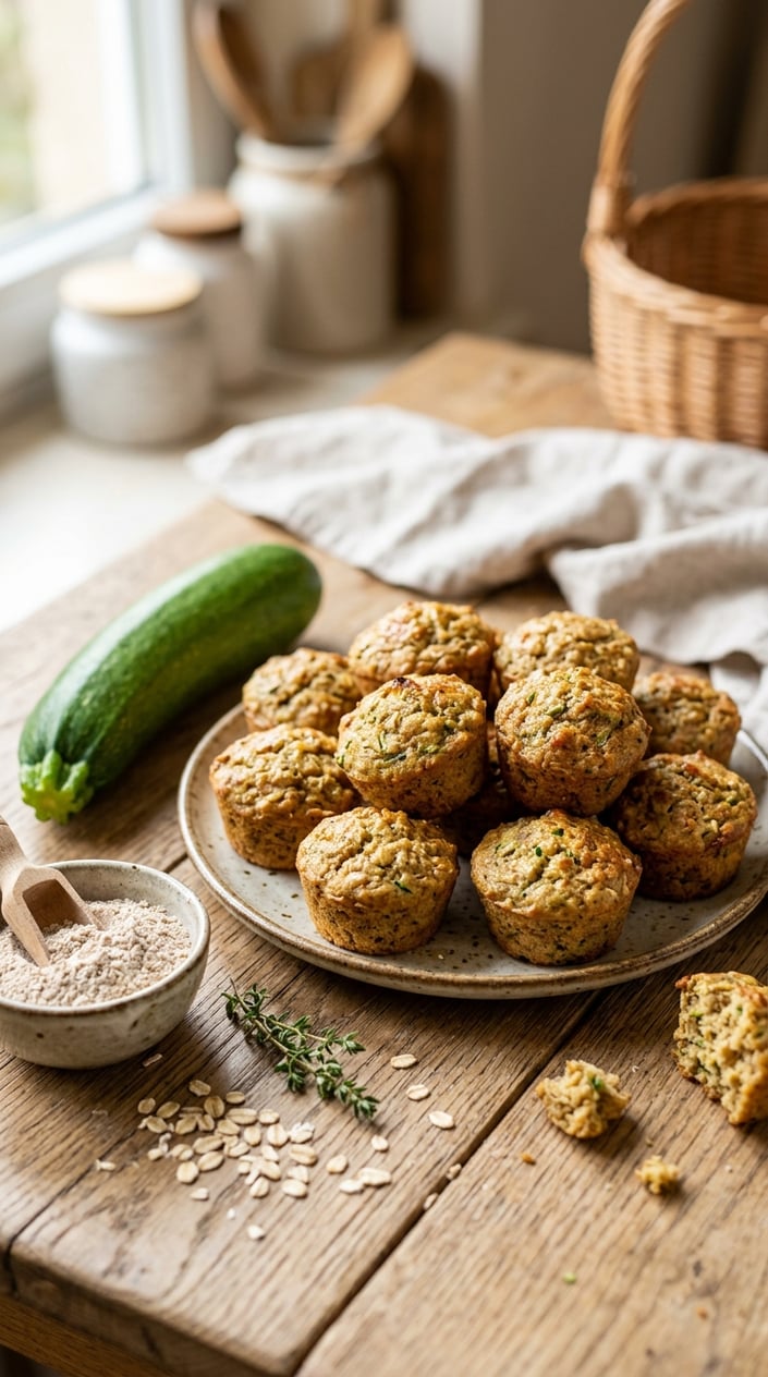22 Toddler Snacks That Don't End Up on the Floor by Round Two 19 Plate of mini zucchini muffins on a wooden table with fresh zucchini and baking ingredients nearby.