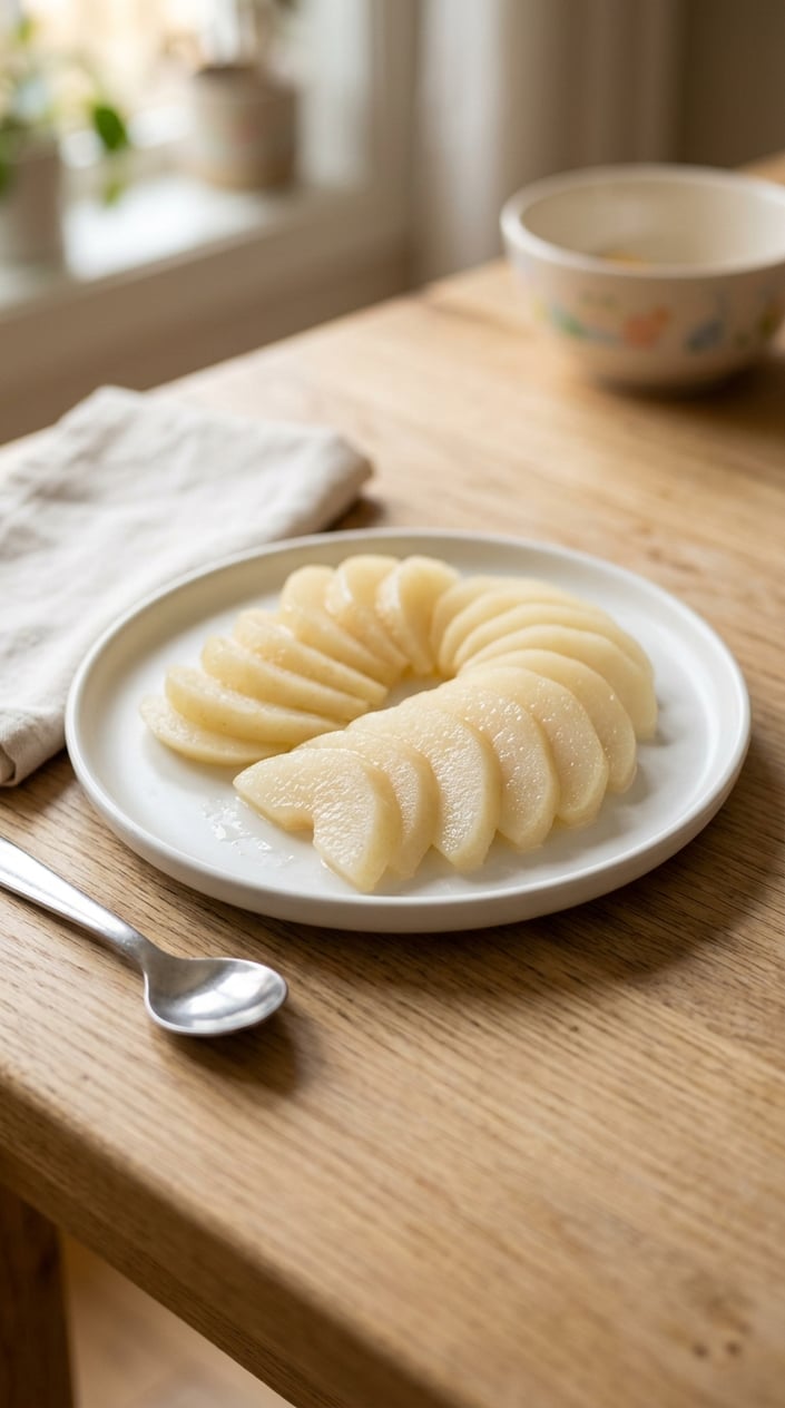 22 Toddler Snacks That Don't End Up on the Floor by Round Two 20 A plate of soft steamed pear slices arranged neatly on a wooden surface.