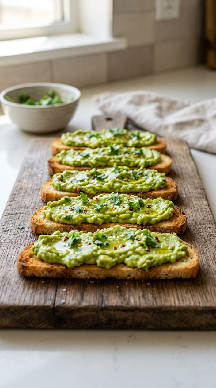 22 Toddler Snacks That Don't End Up on the Floor by Round Two 21 Thin toast strips topped with creamy avocado mash arranged on a wooden board.