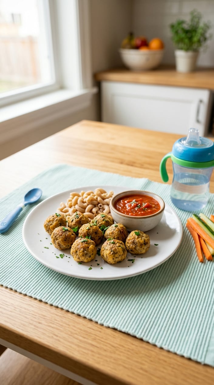 22 Toddler Snacks That Don't End Up on the Floor by Round Two 22 Plate of small mini beef meatballs with dipping sauce and vegetable sticks on a kitchen table set for a toddler snack.