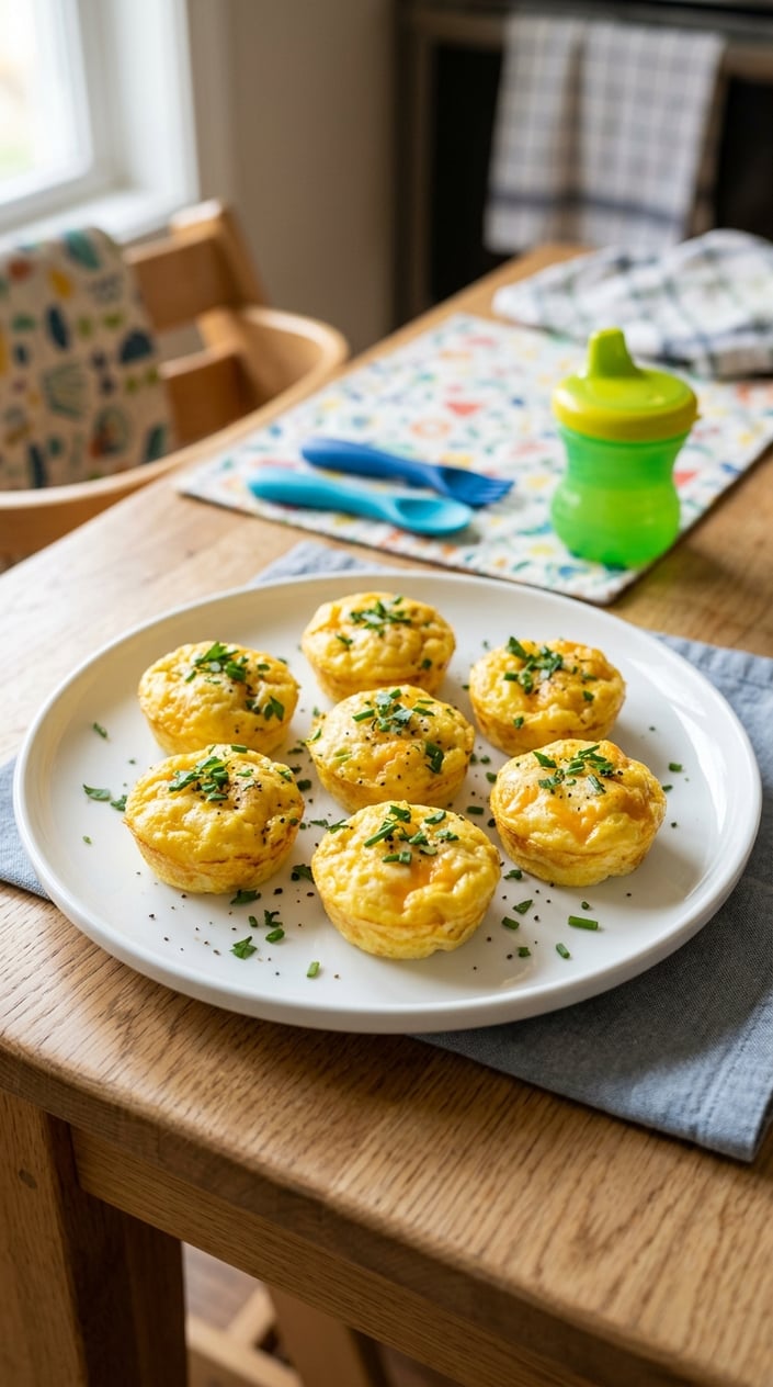 22 Toddler Snacks That Don't End Up on the Floor by Round Two 23 A plate of golden cheesy scrambled egg bites garnished with herbs on a wooden table with a blurred toddler kitchen setting in the background.