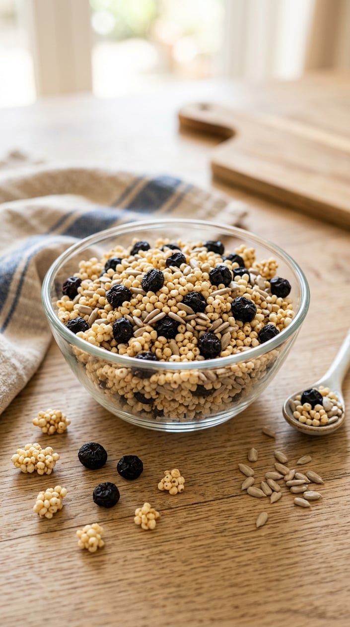 22 Toddler Snacks That Don't End Up on the Floor by Round Two 24 A clear glass bowl filled with homemade trail mix containing puffed millet, dried blueberries, and sunflower seeds on a wooden surface.
