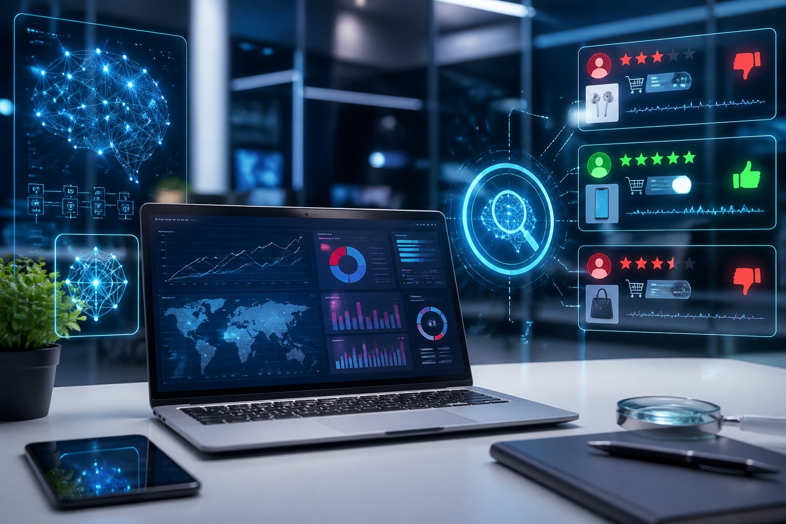 A modern workspace with a laptop showing data visualizations and holographic AI interfaces analyzing product reviews.